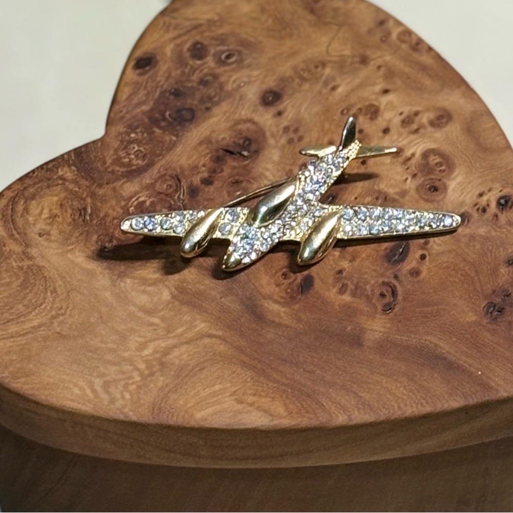 Vintage Gold Tone and Rhinestone Studded Airplane Brooch